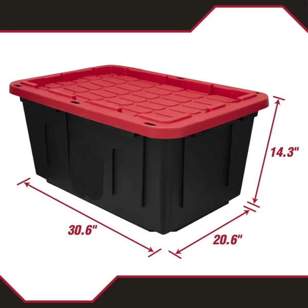 (6 pack)27 Gallon Large Storage Bin with Snap Lid, Black and Red, Heavy Duty Plastic Storage Container view 3