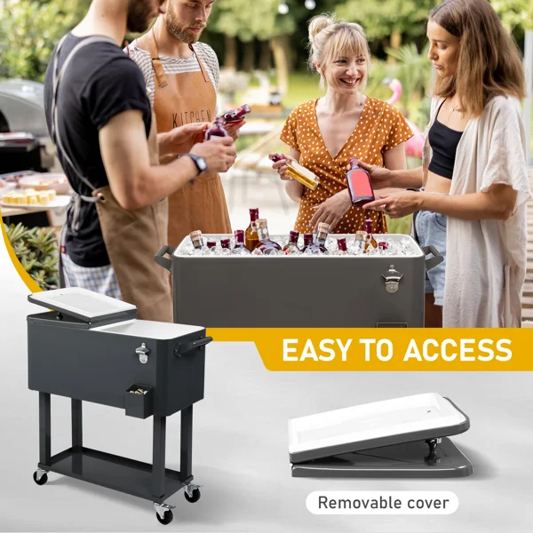 80QT Dark Grey Rolling Cooler Cart, 34.4 x 35.8 x 15.2 Inch Rectangular Insulated Ice Chest with Plastic Body and Steel Tube Legs view 2