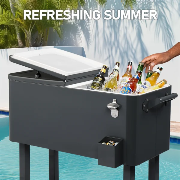 80QT Dark Grey Rolling Cooler Cart, 34.4 x 35.8 x 15.2 Inch Rectangular Insulated Ice Chest with Plastic Body and Steel Tube Legs view 5