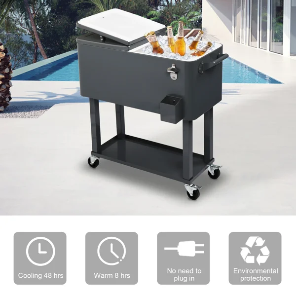 80QT Dark Grey Rolling Cooler Cart, 34.4 x 35.8 x 15.2 Inch Rectangular Insulated Ice Chest with Plastic Body and Steel Tube Legs view 6