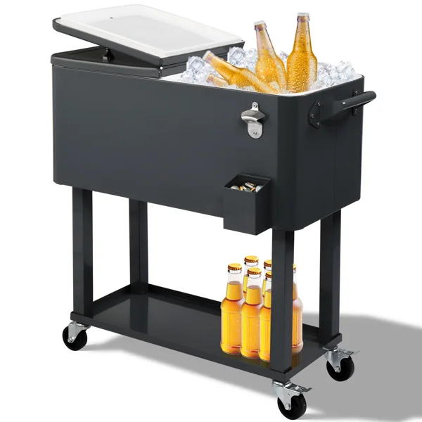 80QT Dark Grey Rolling Cooler Cart, 34.4 x 35.8 x 15.2 Inch Rectangular Insulated Ice Chest with Plastic Body and Steel Tube Legs