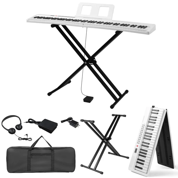 88 Key Folding Piano Semi-Weighted Standard Keyboards Digital Piano with Dual-tube X-Shape Stand, MIDI Bluetooth, Handbag,Headphone,for Piano Lover White color