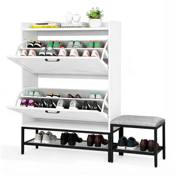 Barn door style shoe cabinet with 2 flip-down compartments, baffle, wire mesh, metal legs with soft pads, and 1 hook. Made of particleboard. Dimensions: 120*24*120cm. Color: White view 4