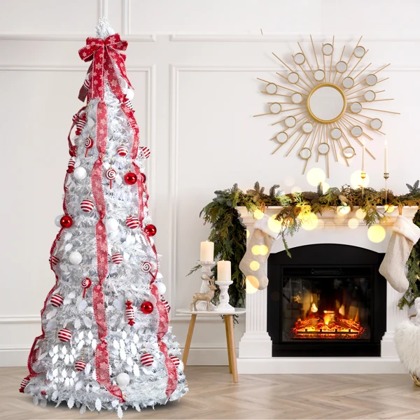 7 FT Fully Decorated Pre-lit Christmas Tree, Pop Up Artificial Xmas Tree with 170 Warm Lights and Red Ornaments for Home Office Store Holiday Deco, White view 6