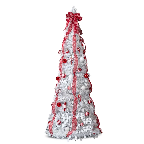 7 FT Fully Decorated Pre-lit Christmas Tree, Pop Up Artificial Xmas Tree with 170 Warm Lights and Red Ornaments for Home Office Store Holiday Deco, White