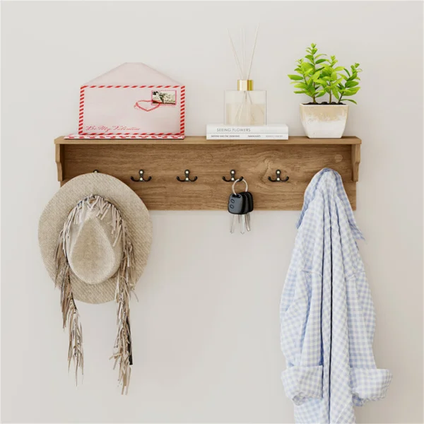Wall Mount Coat Rack with Shelf - 31.5"x5.5"x8", 6 Hooks & 110LBS Capacity (Natural) view 3