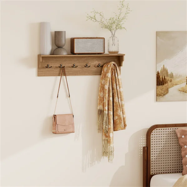 Wall Mount Coat Rack with Shelf - 31.5"x5.5"x8", 6 Hooks & 110LBS Capacity (Natural) view 6