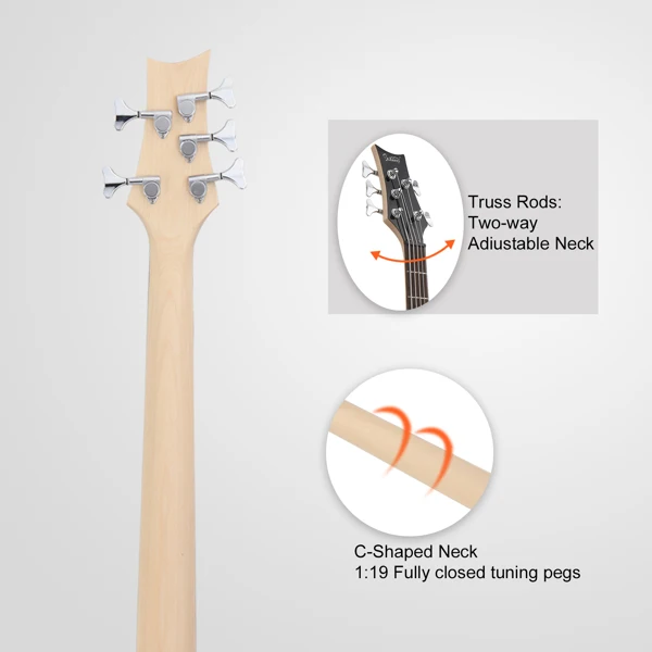44 Inch GIB 5 String H-H Pickup Laurel Wood Fingerboard Electric Bass Guitar with Bag and other Accessories Burlywood view 2