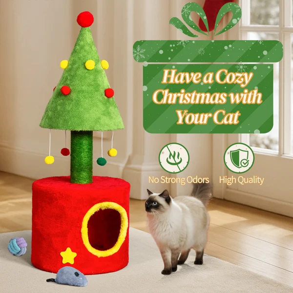 30in Cat Scratching Post with Cat House for Indoor Kitten, Small Cat Tree Tower with Sisal Post and Cute Hanging Balls, Red & Green view 4