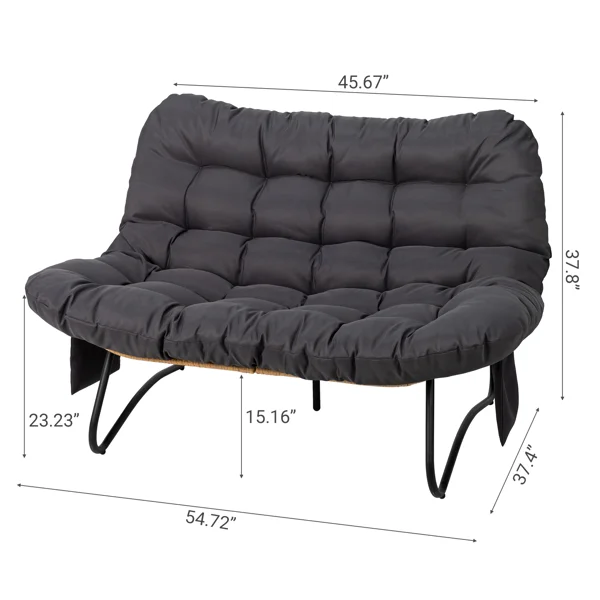 133×94×87cm 2-Seater Curved Wicker Loveseat with Magazine Pockets & Grey Cushion view 3