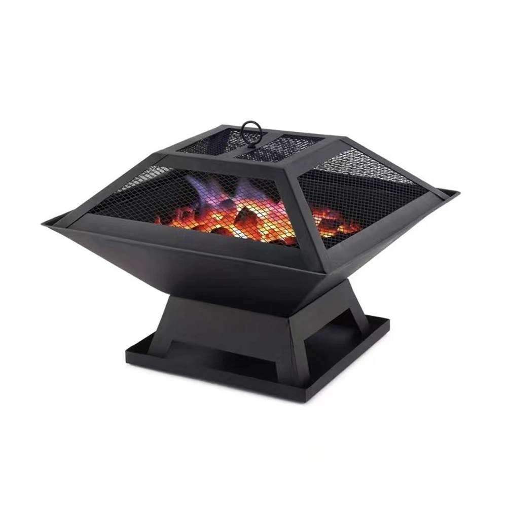 Modern Square Outdoor Fire Pit & Wood Burning Heater, Portable BBQ Grill Brazier for Garden Patio, Compact Fire Table with Chimney