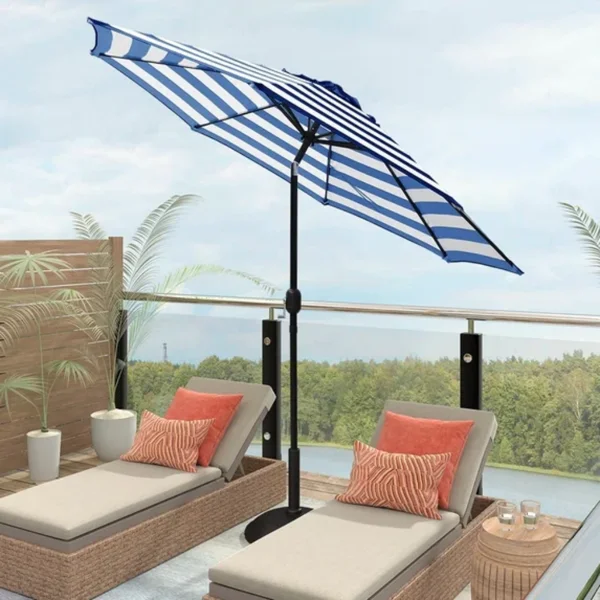 Outdoor 9ft Patio Umbrella with Crank Handle and Push Button Tilt, Outdoor Market Umbrella with 8 Ribs - Blue Stripe view 6