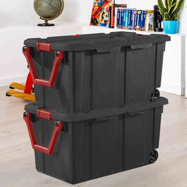 40 Gallon Durable Plastic Storage Tote with Latching Lid and Pull Handle, Black, 2 Pack view 5
