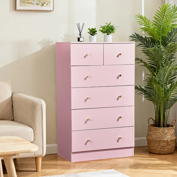 25.98"*15.75"*43.7"(L*W*D) 5-Tier 6-Drawer Cabinet Drawer Dresser with Gold Handles Macaron Pink view 6
