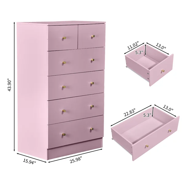 25.98"*15.75"*43.7"(L*W*D) 5-Tier 6-Drawer Cabinet Drawer Dresser with Gold Handles Macaron Pink