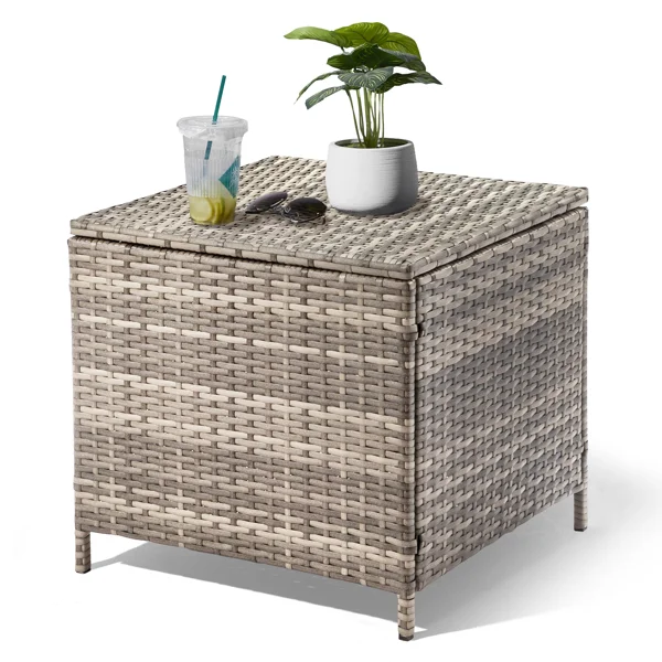 [Replace old code: 10044235]Outdoor PE Wicker Side Table with Storage, Patio Rattan End Table Square Container for Furniture Covers, Toys and Gardening Tools, Grey view 4