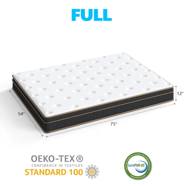 12 Inch Full Mattress, Innerspring Mattress with Black Gold Trim & White Cover - Medium Firm Support, Cooling Breathable Design for Bedroom, Guest Room & Family Use