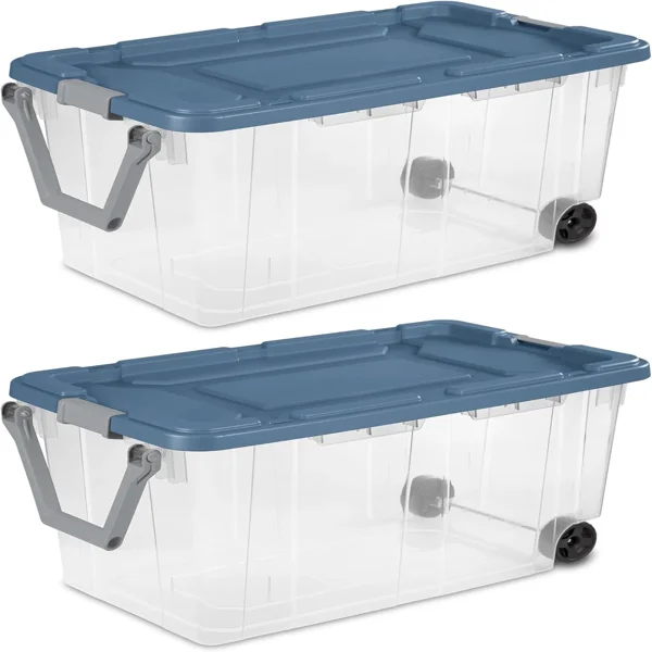 160 Quart Durable Clear Storage Container with Latching Lid and Pull Handle, Blue, 2 Pack (Shipment from Walmart)