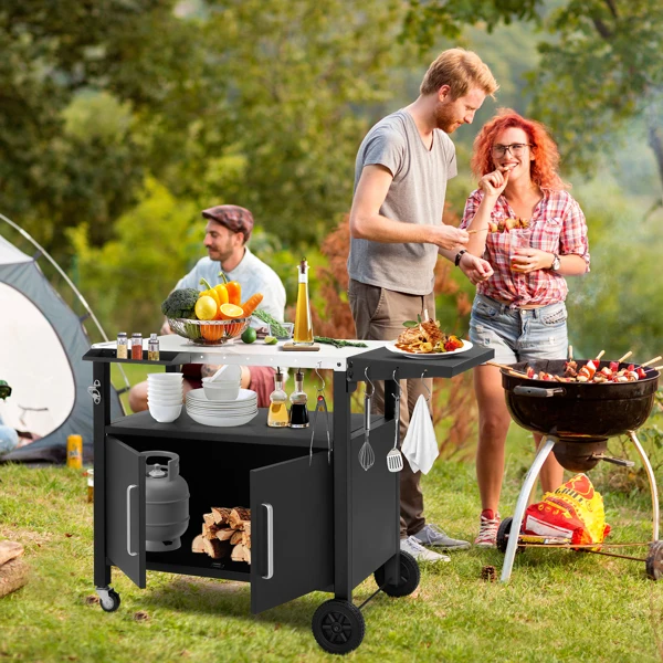 Outdoor Grill Cart with Storage, Rolling Bar Cart Movable Kitchen Island for BBQ, Patio Dining Cart Table for Food Prep with Wheels Hooks Foldable Top view 4