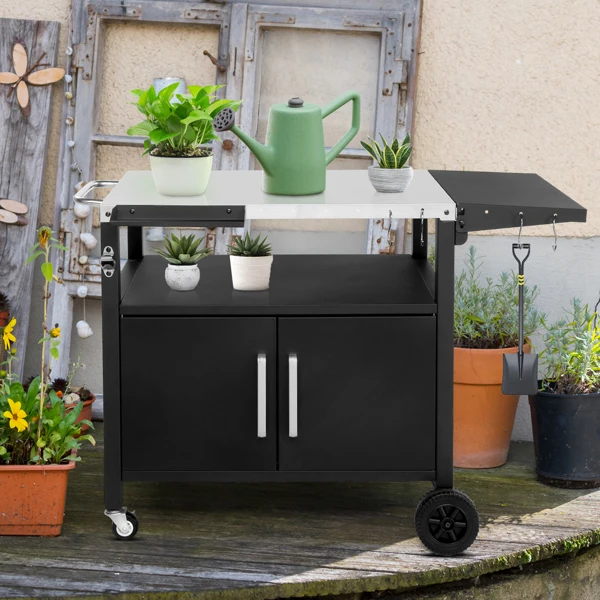 Outdoor Grill Cart with Storage, Rolling Bar Cart Movable Kitchen Island for BBQ, Patio Dining Cart Table for Food Prep with Wheels Hooks Foldable Top view 6