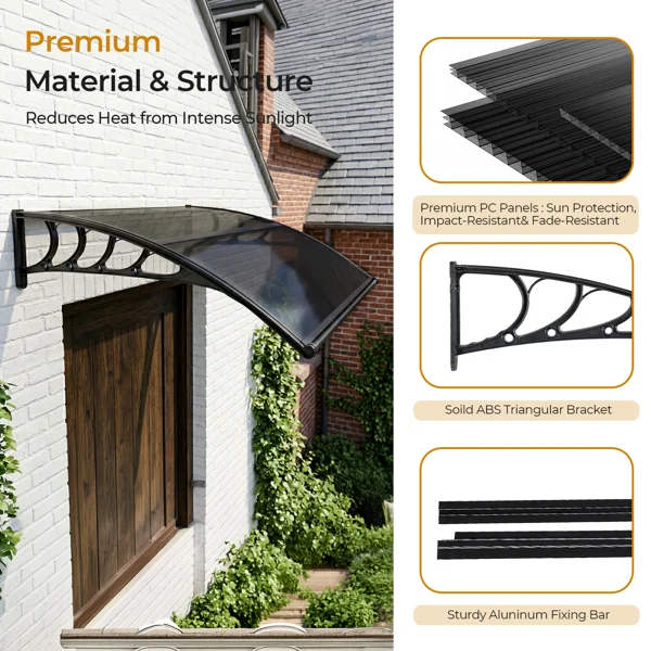 Awning for Door Entrance with Drainage Sink, 40x48 Inch Window Canopy Exterior, UV Rain Snow Protection for House Porch Patio Deck, Black Bracket & Brown Board view 6