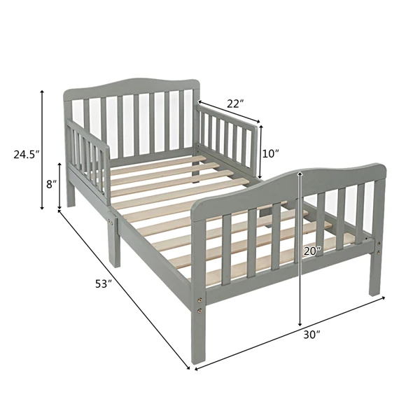 Wooden Baby Toddler Bed Children Bedroom Furniture with Safety Guardrails Gray view 2