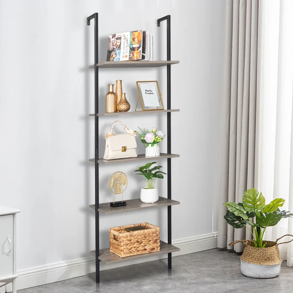 5-Shelf Wood Ladder Bookcase with Metal Frame, Industrial 5-Tier Modern Ladder Shelf Wood Shelves,Gray
