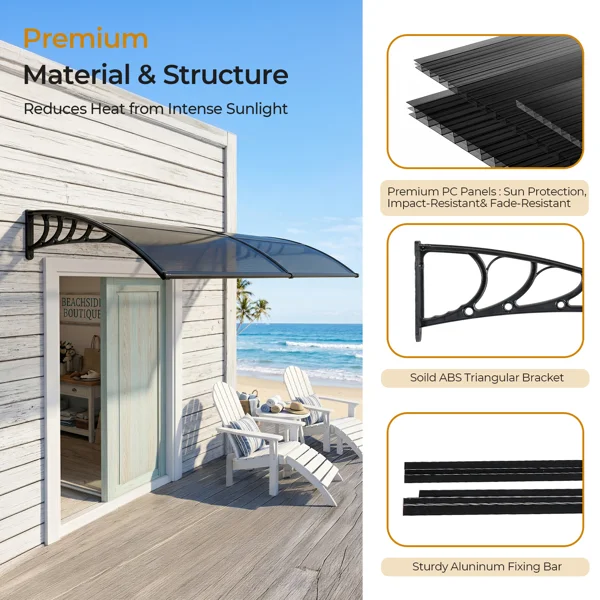 Awning for Door Entrance with Drainage Sink, 40x80 Inch Window Canopy Exterior, UV Rain Snow Protection for House Porch Patio Deck, Black Bracket & Brown Board view 6