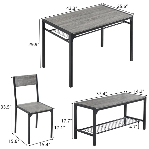 [Same Code:99109540]Dining Table Set for 4, Kitchen Table with 2 Chairs and a Bench, 4 Piece Kitchen Table Set for Small Space, Home Kitchen Bar Pub Apartment, Gray view 4
