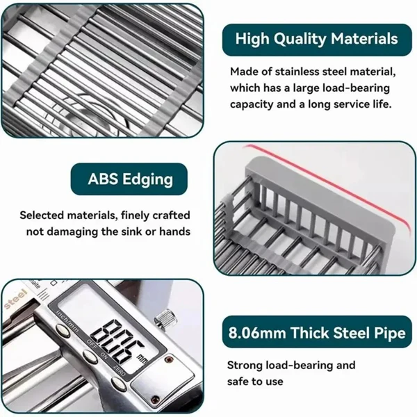 Adjustable Immersion Sink Dish Drying Rack With Stainless Steel Drain Basket - Portable And Retractable Space-Saving Fruit And Vegetable Solution view 4