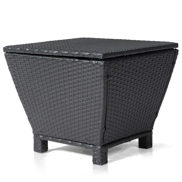 Outdoor PE Wicker Side Table with Storage, Small Patio Storage Bin Container for Hose Cushion Towel, Black