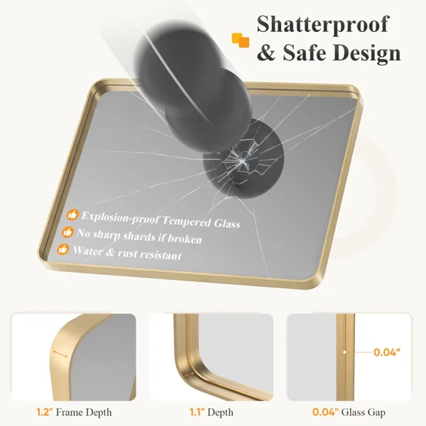 Anti-Fog Bathroom Wall Mirror – 24" x 36" Shatterproof Vanity Mirror with Rectangular Metal Frame, Gold (Shipment from Walmart) view 2