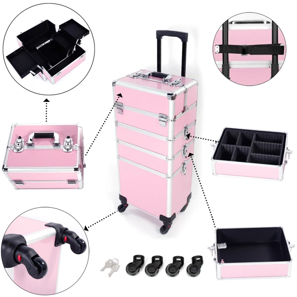 4 in 1 Aluminum Cosmetic Makeup Case Tattoo Box Pink view 2