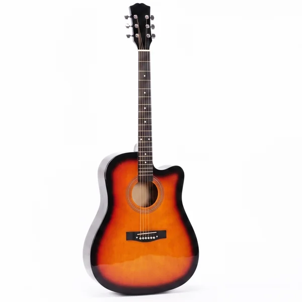 Sunset color 41-inch Dreadnought barrel-shaped cutaway acoustic guitar with pick, strings, capo, gig bag, tuner, wrench tool, and shoulder strap
