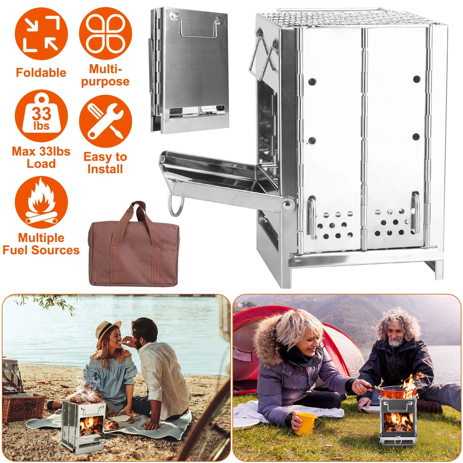 Foldable Camping Stove Wood Burning, Collapsible Stainless Steel Campfire Stove with Grill, Backpacking Survival Stove for Outdoor Hiking BBQ Picnic, Silver Large