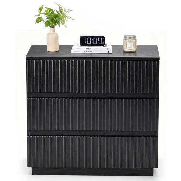 Handleless Grille-Finished 3-Drawer Bedside Table P2 Particleboard + MDF & Melamine Veneer + Thermoformed Drawer Cabinet 23.62*12.99*22.05in Black view 2