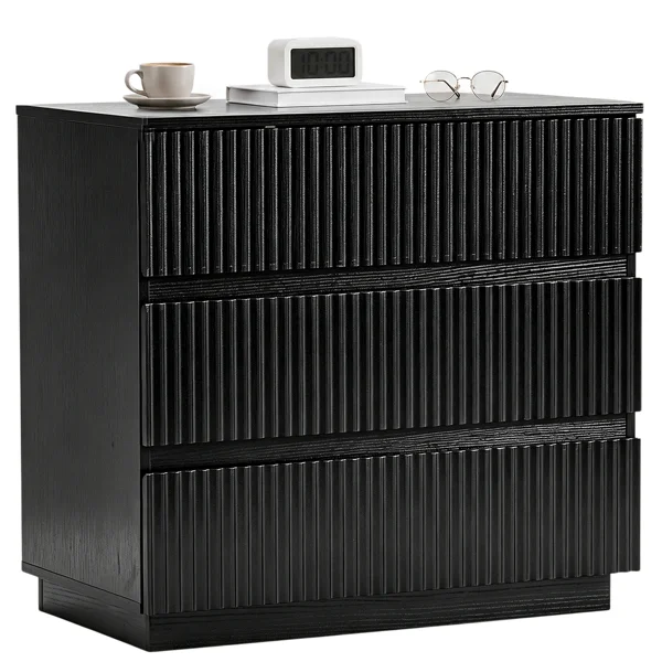 Handleless Grille-Finished 3-Drawer Bedside Table P2 Particleboard + MDF & Melamine Veneer + Thermoformed Drawer Cabinet 23.62*12.99*22.05in Black view 3