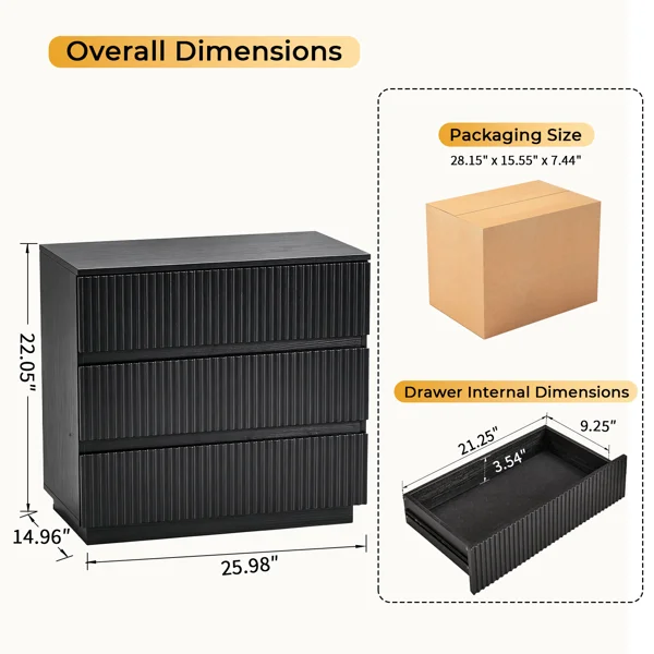 Handleless Grille-Finished 3-Drawer Bedside Table P2 Particleboard + MDF & Melamine Veneer + Thermoformed Drawer Cabinet 23.62*12.99*22.05in Black view 5