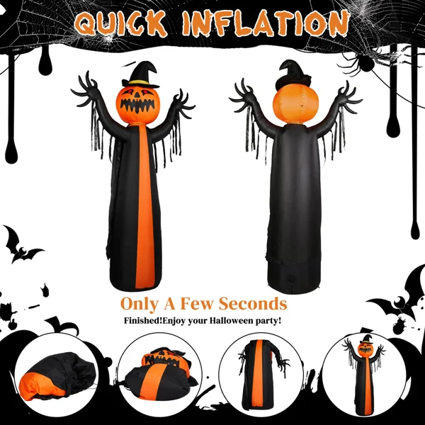 10ft Inflatable Halloween Decor with Rotatable Head Pumpkin Ghost in Cape, 6 Built-in LED Lights, Black & Orange, 12V 2000mA US Power Adapter view 3
