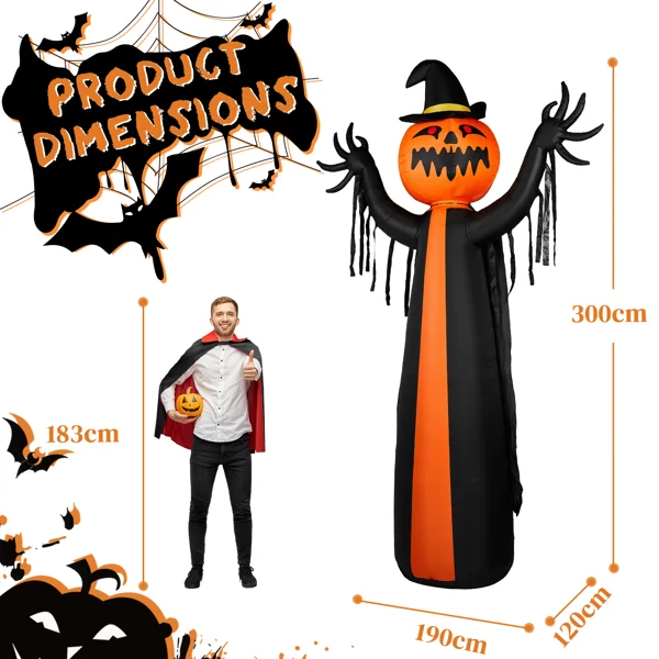 10ft Inflatable Halloween Decor with Rotatable Head Pumpkin Ghost in Cape, 6 Built-in LED Lights, Black & Orange, 12V 2000mA US Power Adapter view 5