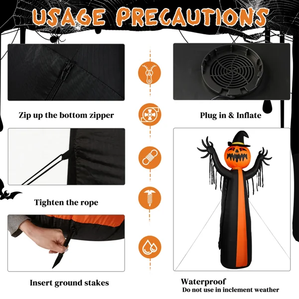 10ft Inflatable Halloween Decor with Rotatable Head Pumpkin Ghost in Cape, 6 Built-in LED Lights, Black & Orange, 12V 2000mA US Power Adapter view 6