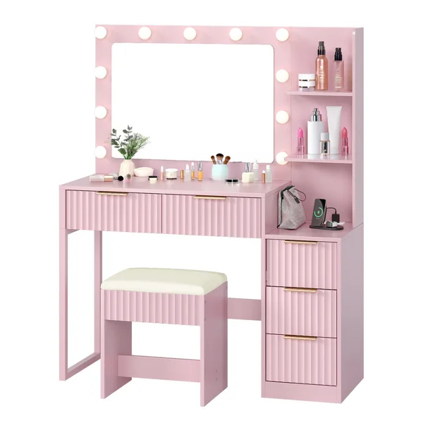 Pink particleboard with a melamine finish, 5-drawer, 2-tiered dressing table set with 11 three-tone light bulbs, power strip, and grille. view 5
