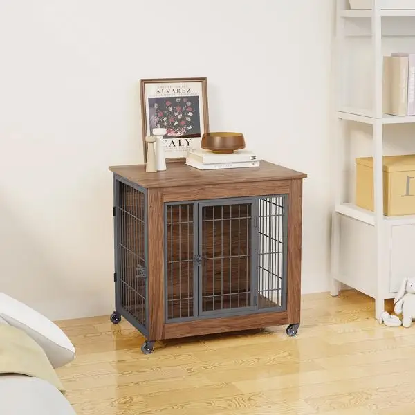 27.2" Dog Crate Furniture with Wheels for Small Dogs, Heavy Duty Dog Kennel Indoor with 2 Doors, Wooden Pet Cage End Table, Double-Doors Sturdy Metal Dog Cage for Anxiety Dog view 5