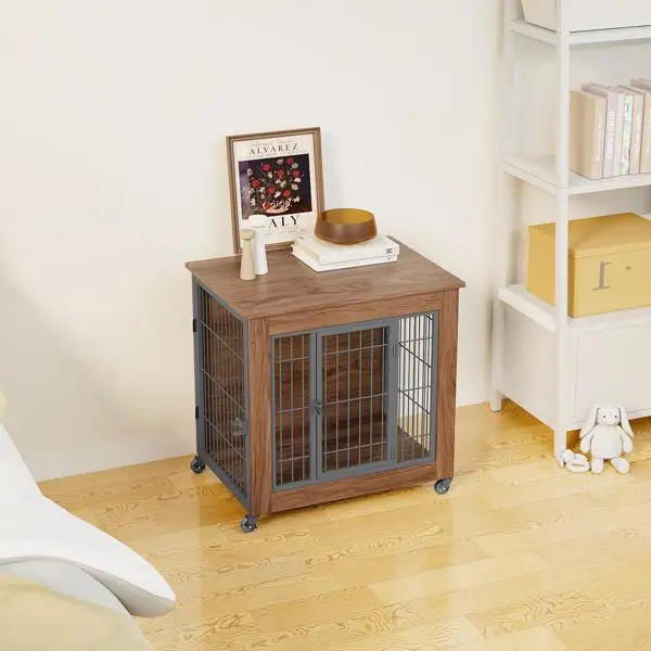 27.2" Dog Crate Furniture with Wheels for Small Dogs, Heavy Duty Dog Kennel Indoor with 2 Doors, Wooden Pet Cage End Table, Double-Doors Sturdy Metal Dog Cage for Anxiety Dog view 6