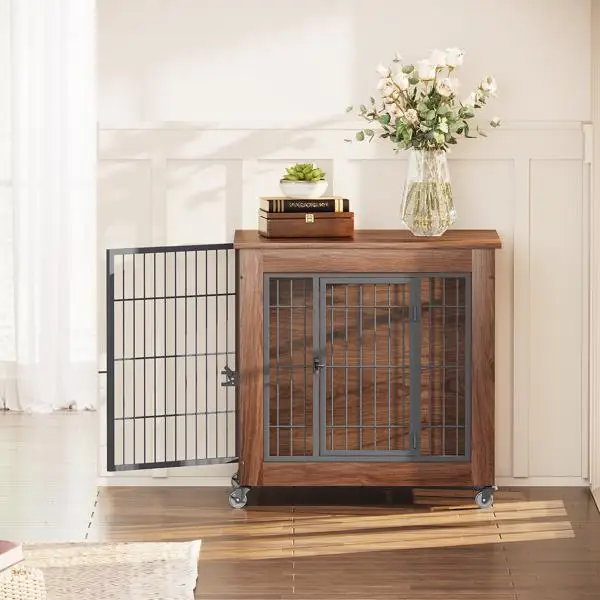 27.2" Dog Crate Furniture with Wheels for Small Dogs, Heavy Duty Dog Kennel Indoor with 2 Doors, Wooden Pet Cage End Table, Double-Doors Sturdy Metal Dog Cage for Anxiety Dog