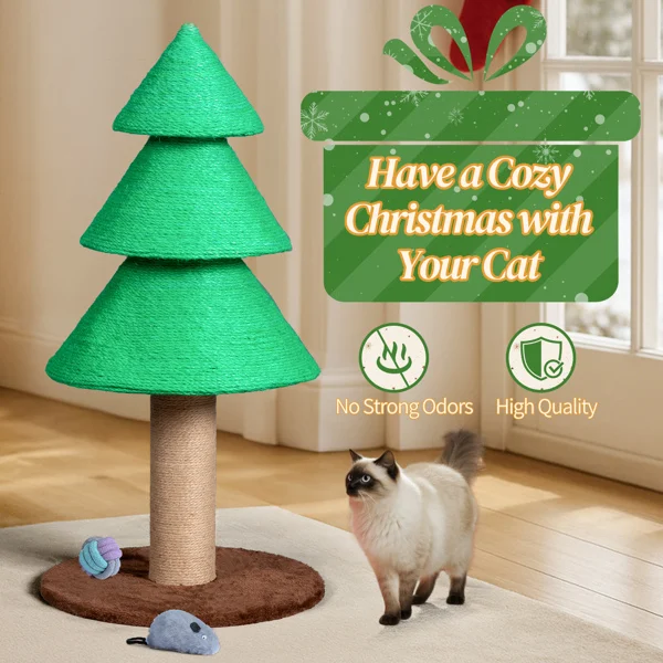31.5in Christmas Tree Cat Scratcher, Cat Scratching Post for Indoor Cats, Large Sisal Cat Scratching Tree Cat Scratch Tower, Green view 2