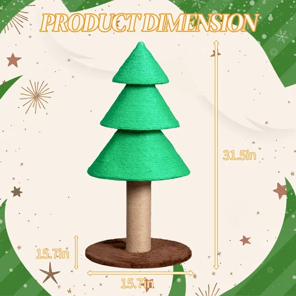31.5in Christmas Tree Cat Scratcher, Cat Scratching Post for Indoor Cats, Large Sisal Cat Scratching Tree Cat Scratch Tower, Green view 3