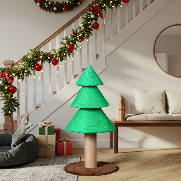 31.5in Christmas Tree Cat Scratcher, Cat Scratching Post for Indoor Cats, Large Sisal Cat Scratching Tree Cat Scratch Tower, Green view 5