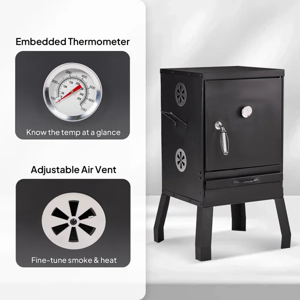 Portable Outdoor Smoker with 2 Detachable Grill Netting Smoking Racks, Charcoal Pan, 4 Air Vents, Thermometer, Vertical Charcoal Smoker for Barbecue Camping Backyard Grill view 3