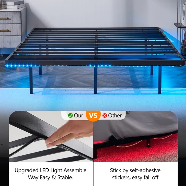 Black Full Size Floating Platform Metal Bed Frame - 14 Inch Height, Built-in LED Strip Light & Power Outlet view 4
